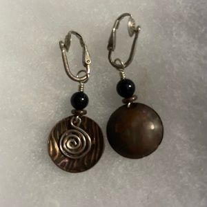 Copper with silver swirl mixed metal with stone bead clip on earring